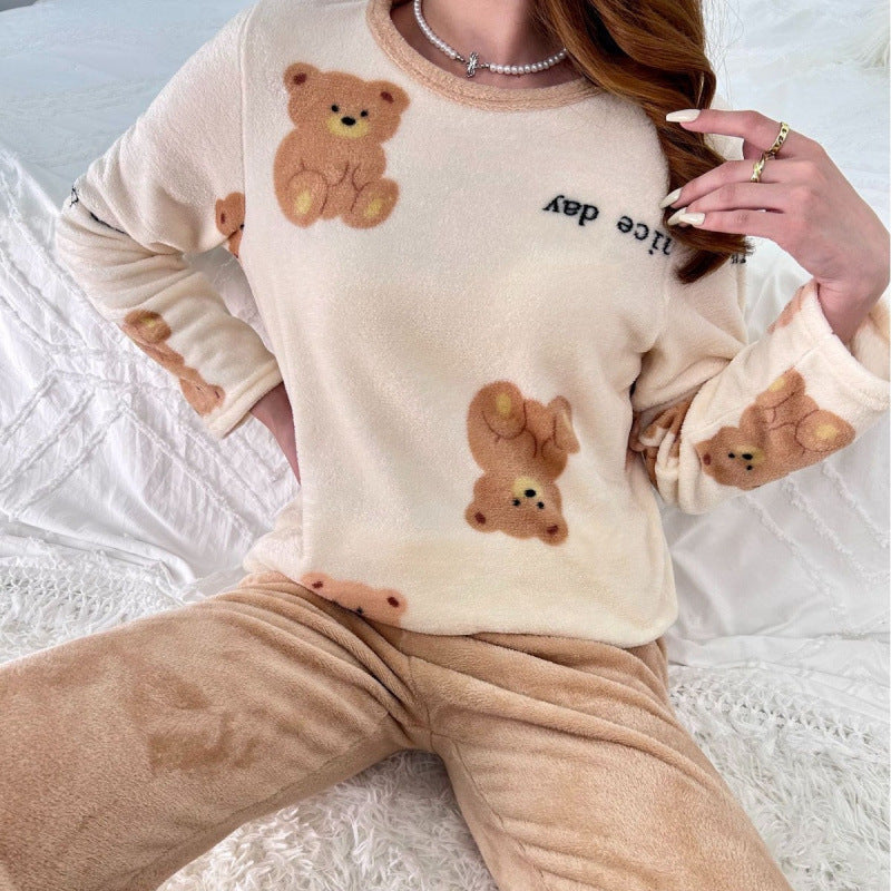 Autumn And Winter Pajamas Suit Flannel Bear Printed Long-sleeved Trousers