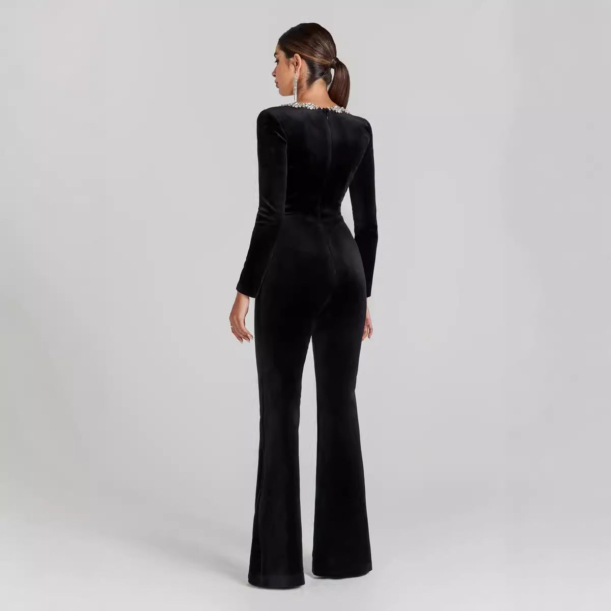 Diamond-encrusted Square Collar Long Sleeve Flared Jumpsuit