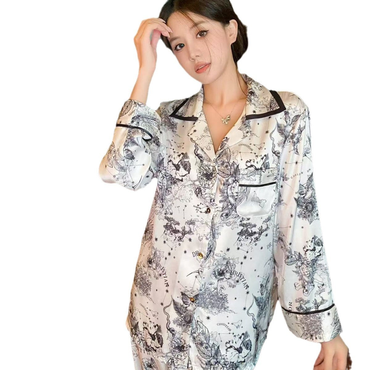 High-grade Ice Silk Printed Long-sleeved Fashion Sweet Homewear