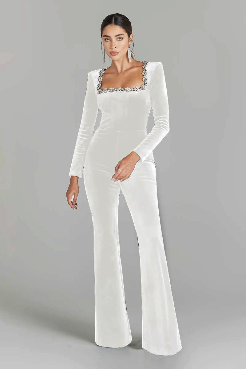 Diamond-encrusted Square Collar Long Sleeve Flared Jumpsuit