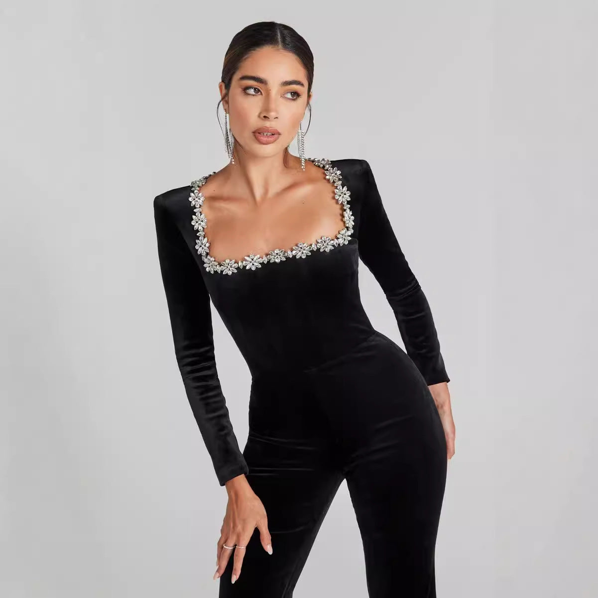 Diamond-encrusted Square Collar Long Sleeve Flared Jumpsuit