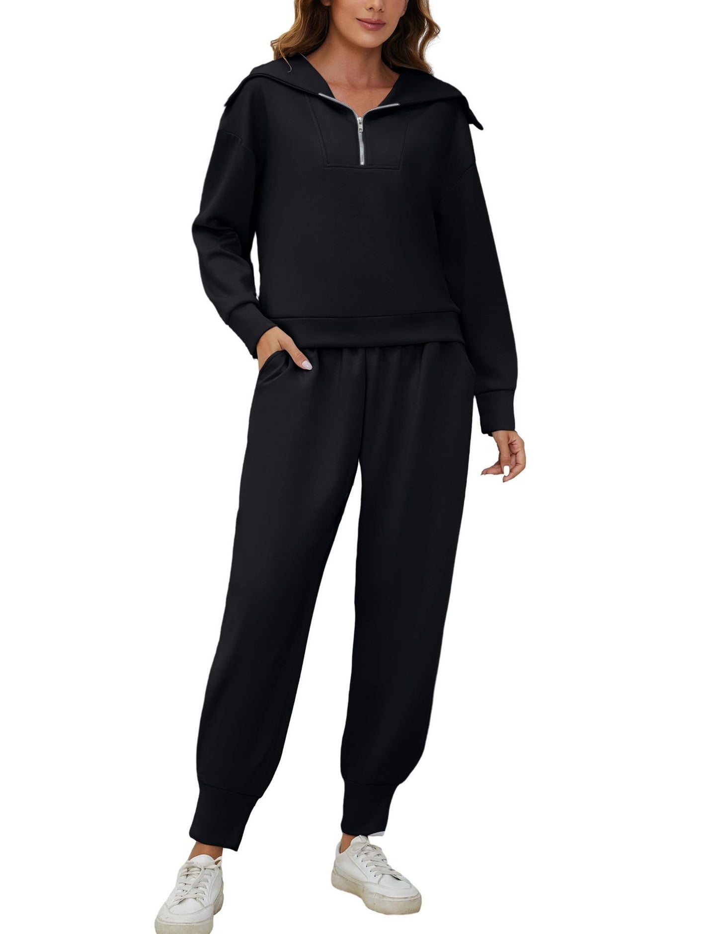 Long Sleeve Lapel Sweatshirt High Waist Workout Pants Two-piece Set